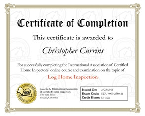 Log home inspection certificate